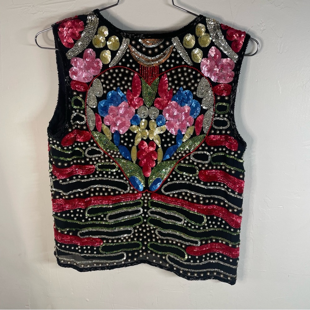 Vintage Silk Floral Fully Beaded and Sequined Vest - Picture 2 of 10
